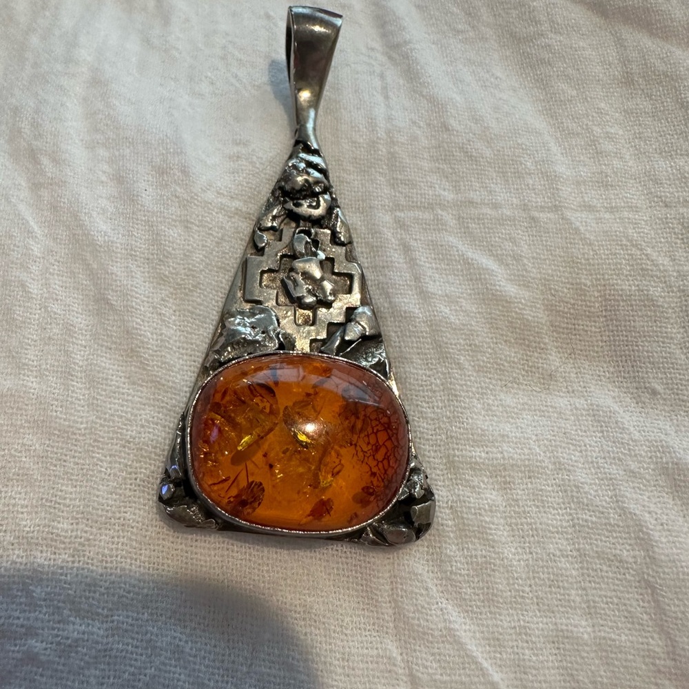 Stamped And Signed Sterling Amber Pendant